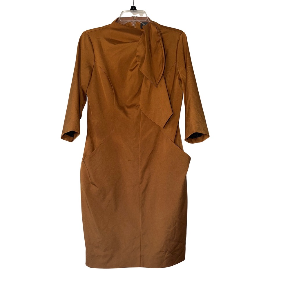 Hilton Hollis Copper Brown Bow Neck Sheath Dress‎ 3/4 Sleeve Workwear Size 4